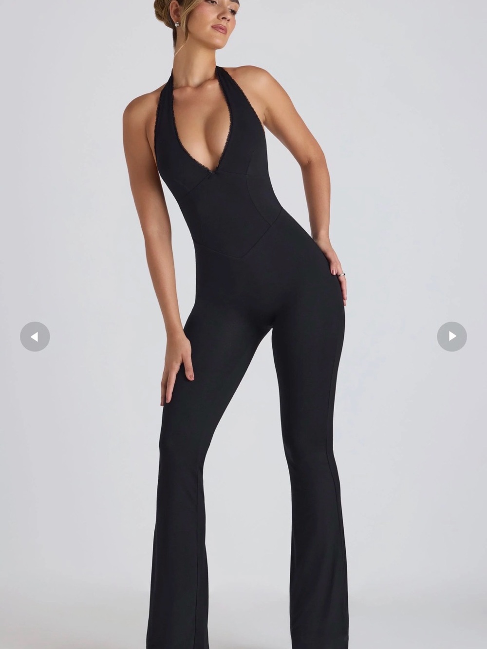 Oh Polly Black Modal Lace Trim Cutout Flared Jumpsuit Size 4